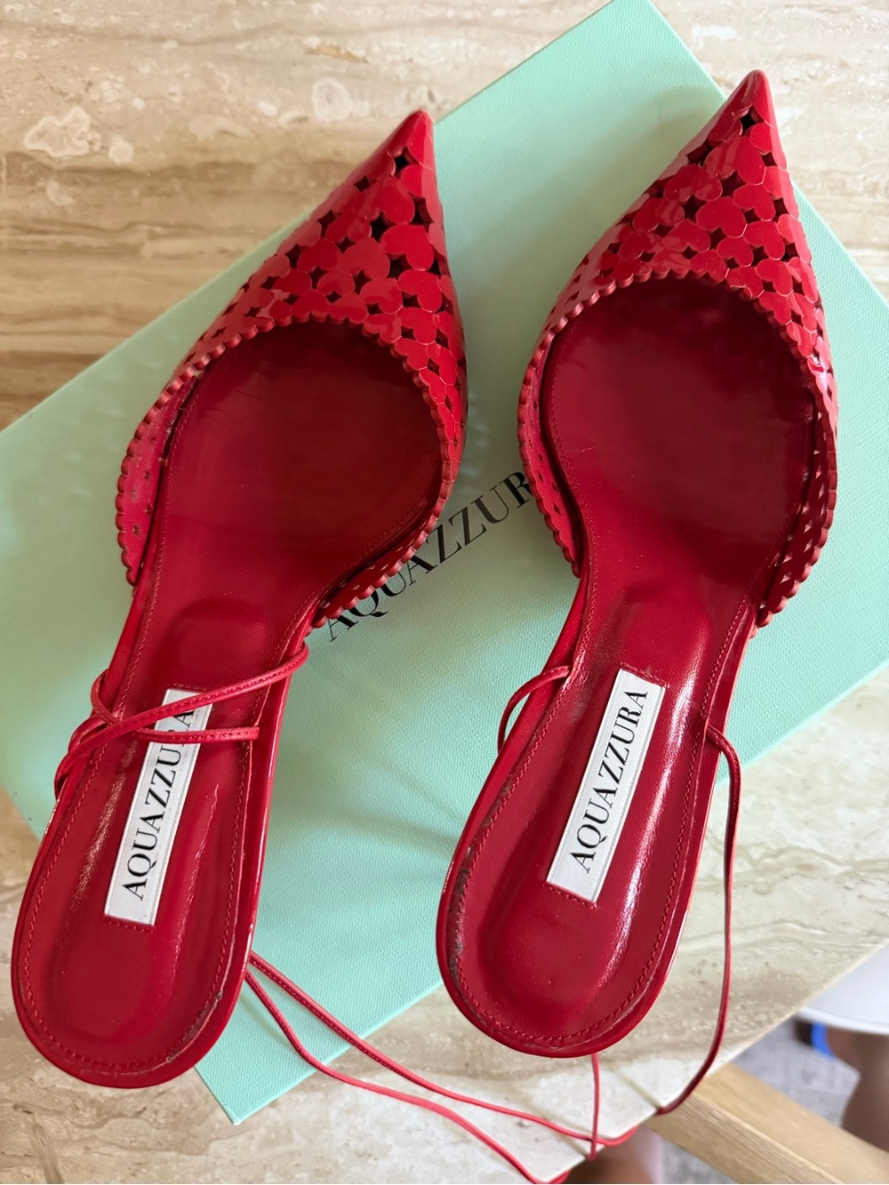 Aquazzura Lipstick Red Amorouse 50 Pointed Kitten Heel with Ankle Wrap (39)